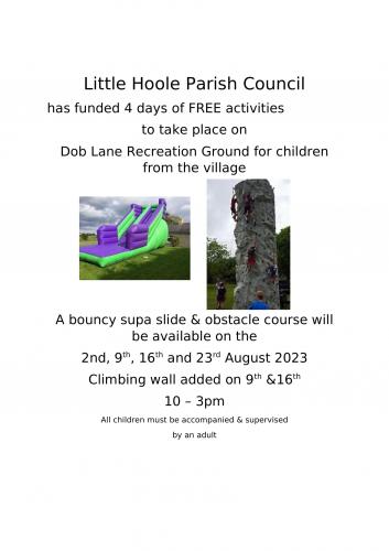 Little Hoole Parish Council to fund children's activities on selected days during Aug 2023, Dob Lane Recreation Ground