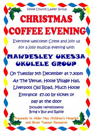 Hoole Church Ladies Group, Christmas Coffee Evening, Tues 5th Dec 7.30pm at The Venue, Hoole Village Hall